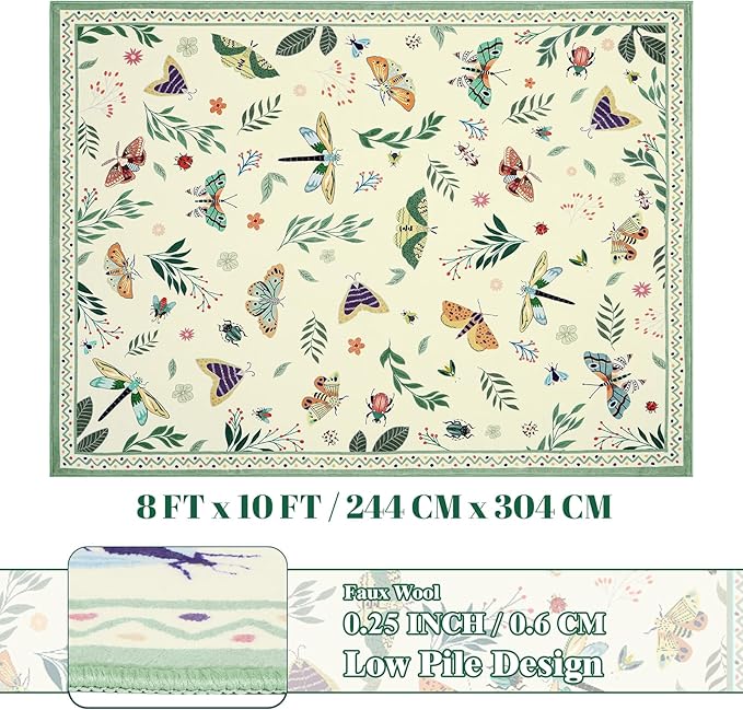 ASPMIZ Insect Area Rug 8X10 Living Room Rug, Spring Summer Washable Rug Non Slip, Farmhouse Butterfly Rugs for Living Room Low Pile, Soft Faux Wool Throw Carpet for Kids Room Dining Room, Beige