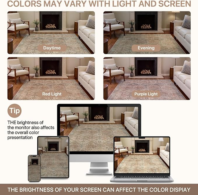 Bavni 10x14 Area Rugs for Living Room, Machine Washable Rug Non Slip, Vintage Chenille Distressed Print Carpet, Large Low Pile Ultra-Thin Lightweight Rugs for Bedroom, Dining Room, Office, Wood Brown