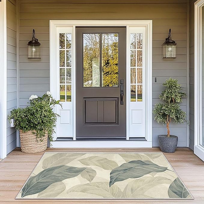 3x5 Entryway Rug Vintage Botanical Leaf Beige Area Rug Bedroom Bedside Thin Small Carpet Bathroom Non Slip Indoor Entrance Low Pile Door Mat Kitchen Stain Resistant Washable Machine