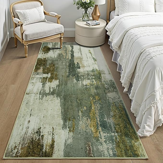 Washable Runner Rug, 2'6''x8' Kitchen Rugs Green Long Runner Rugs with Rubber Backing, Abstract Non-Slip Carpet Runners for Hallways, Kitchen, Bedroom, Laundry, Entrance