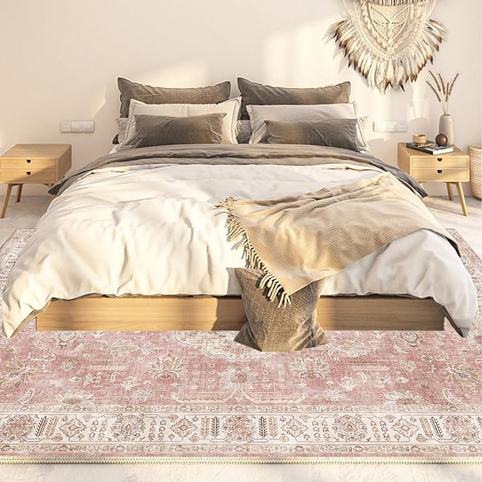 Yancorp 5'x7' Boho Area Rug for Bedroom Non Slip Washable Rug Vintage Carpet Living Room Non-Shedding Indoor Floor Mats Bedroom Kitchen Entryway Pink