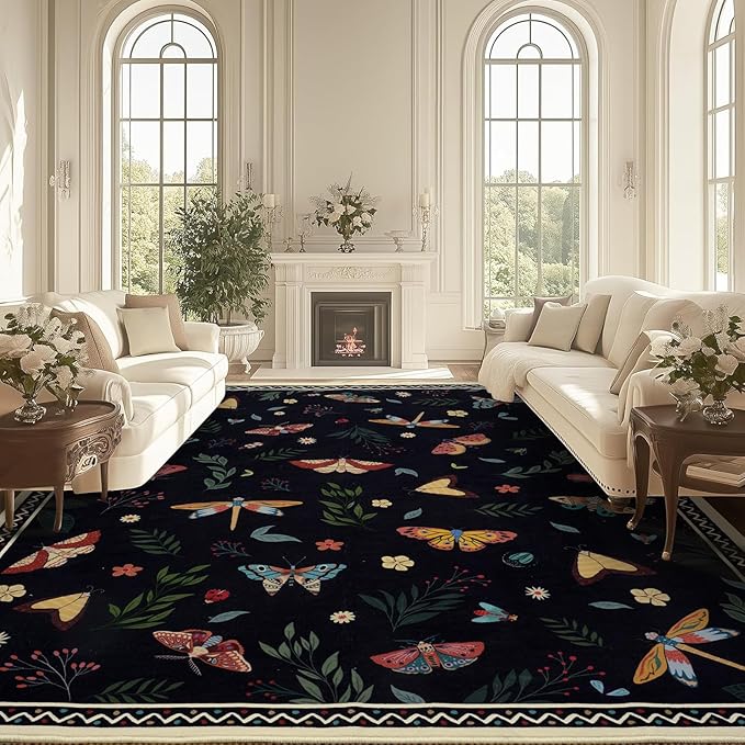 ASPMIZ Insect Area Rug 8X10 Living Room Rug, Spring Summer Washable Rug Non Slip, Farmhouse Butterfly Rugs for Living Room Low Pile, Soft Faux Wool Throw Carpet for Kids Room Dining Room, Black