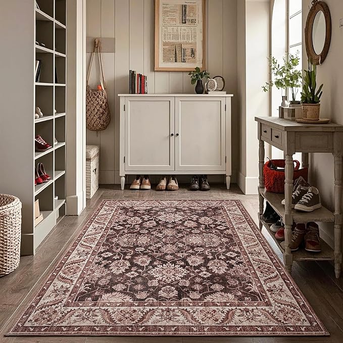 Area Rugs for Living Room, 4x6 Washable Rugs for Bedroom, Non-Slip Retro Floral Carpet for Entryway Office Kitchen Dining Room, Brownish Red