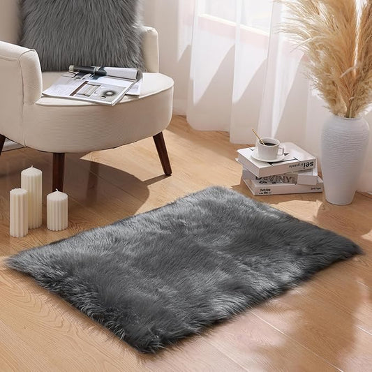 Ashler Faux Fur Rug - Fluffy Shaggy Area Rug, Ultra Soft 2 x 3 Feet Rectangle, Dark Grey Fuzzy Machine Washable Shag, Nursery Decor Throw for Bedroom, Living Room