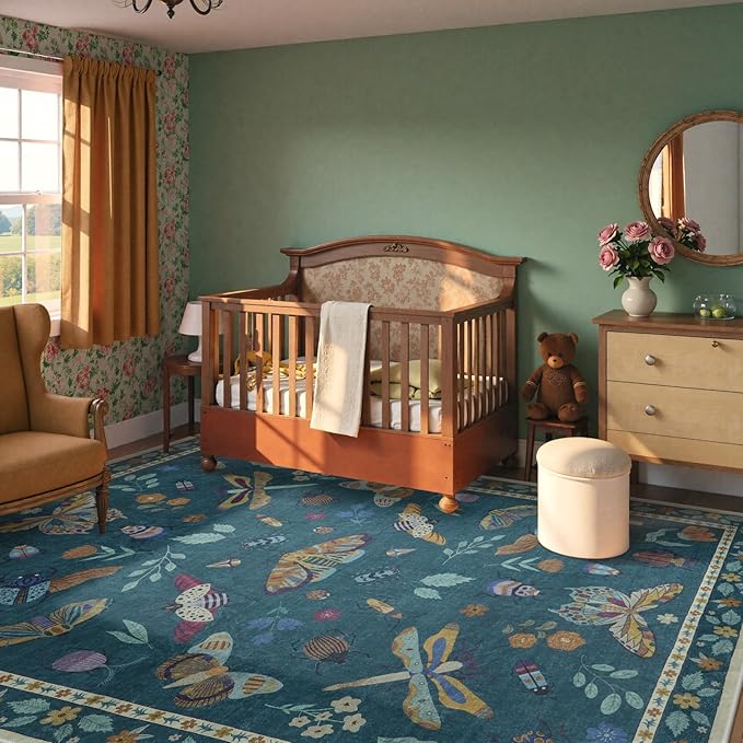 Beeiva Insect Print Bedroom Rug 8x10 Under Bed Non Slip, Foldable Washable Rugs 8x10, Soft Low Pile 8 x 10 Green Area Rug for Bedroom Large Carpet for Kids Room, Playroom, Living Room - Dark Green