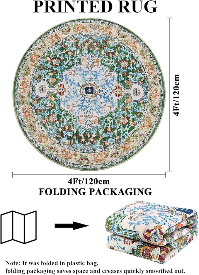 U'Artlines Boho Vintage Area Rug 4ft Machine Washable Low Pile Soft Floor Carpet Non Slip Non Shedding Accent Rug for Living Room Bedroom Entryway Dining Room Office Green