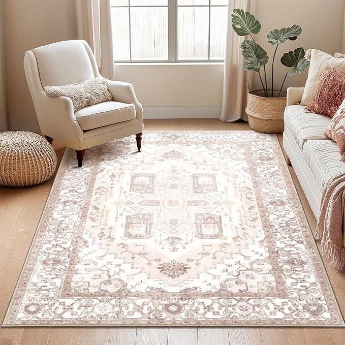 Washable 5x7 Area Rugs, Rugs for Living Room, Low-Pile Water&Stain Resistant Carpet Vintage Distressed Printed Non-Slip Carpet for Bedroom Bathroom Kitchen-Pink