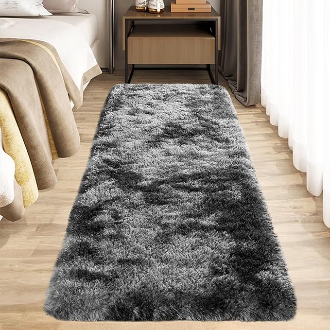 Zentavio Runner Rugs for Hallway 2x6 Shag Soft Bedroom Bedside Rugs Non Slip Fluffy Carpet for Kids Girls Boys Home Decor Aesthetic Dorm Nursery Tie-Dyed Black Grey