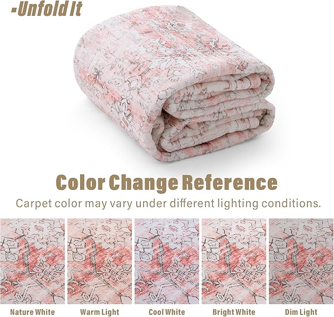 Carvapet Pink Rugs for Living Room Bedroom, Vintage Low Pile Large Carpet with Rubber Backing, Foldable, Non Slip Machine Washable (10 x 8 Feet Rectangular, Pink Area Rug)