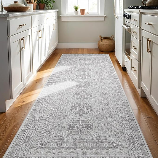 3x8 Runner Rug Kitchen Washable: Oriental Indoor Hallway Runners with Non Slip Backing Floor Mat for Entryway Door Low Pile Thin Carpet for Bedroom Bathroom Living Room Bedside Grey