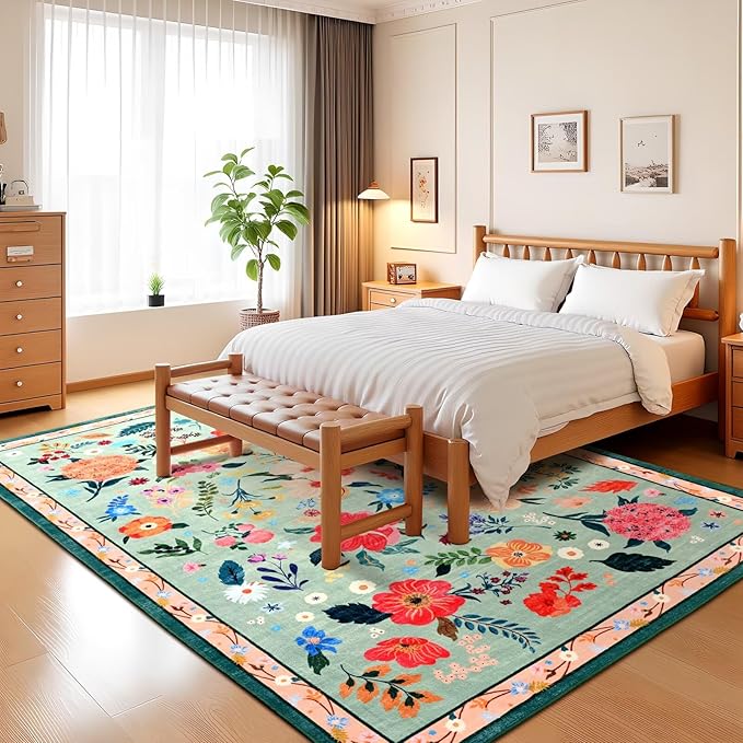 4x6 Floral Rug for Girls Bedroom, Machine Washable Area Rugs with Non Slip Backingfor Living Room, Cute Flowers Carpet Kitchen Dining Room Kids Playroom Decor, Light Green