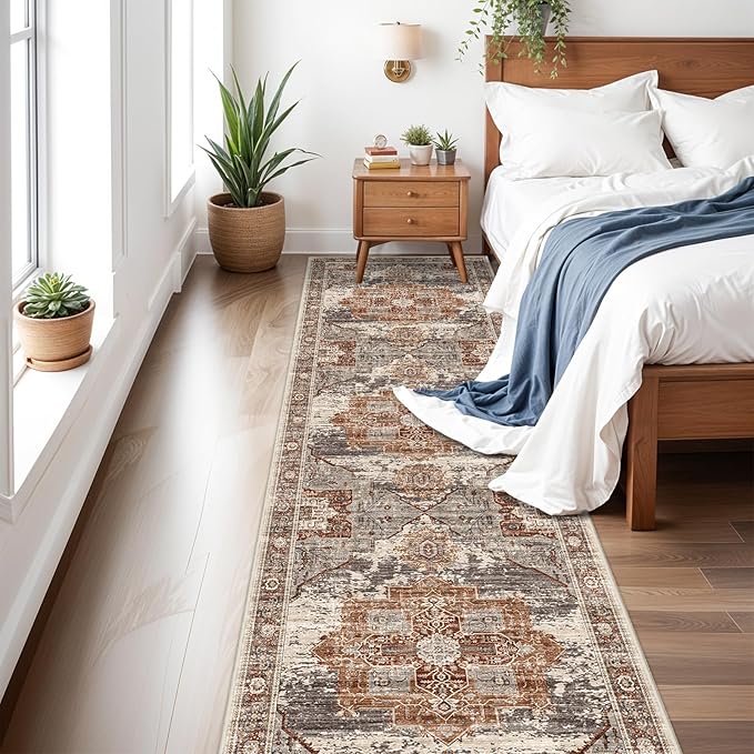 RUUGME Washable 3X12 Runner Rugs - Large Boho Rugs for Living Room Stain Resistant Carpet Vintage Tribal Rugs for Bedroom Kitchen Bathroom Non Slip Backing Home Decor Floor Decoration Mat 3x12 Brick
