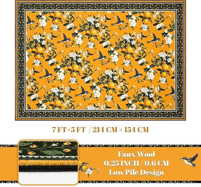 ASPMIZ Yellow Area Rug 5x7 Rug for Living Room Vintage Floral Washable Rugs for Bedroom Non Slip Soft Low Pile Lemon Throw Rugs for Dining Room Nursery Kitchen Entryway Laundry Office Mustard Yellow