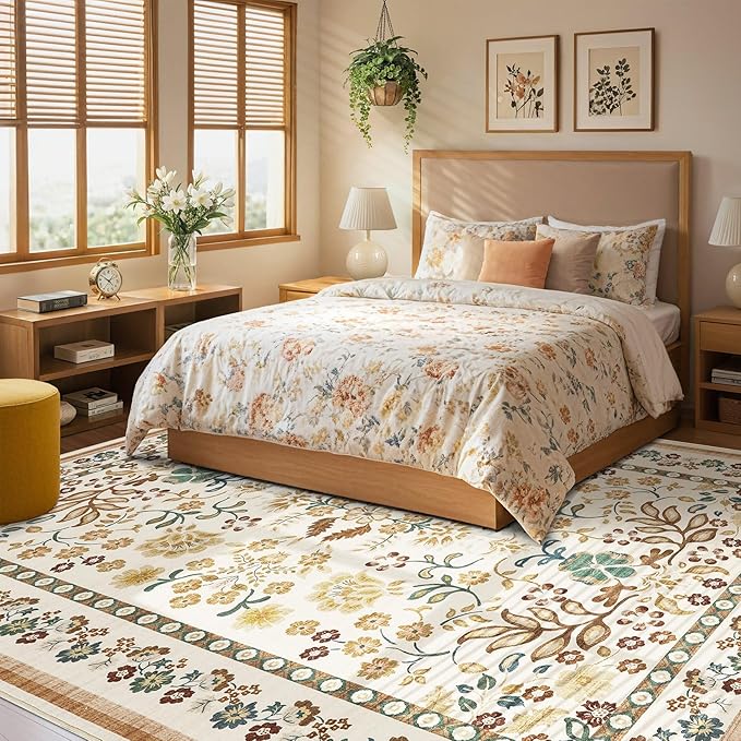 10x14 Area Rug Living Room Rugs - Washable Boho Vintage Floral Large Soft Non Slip Thin Rug Low Pile Carpet for Bedroom Dining Room Kids Playroom Office Decor Indoor- Brown
