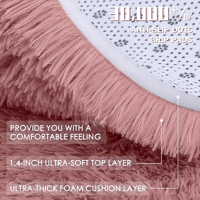 OLANLY Pale Pink Round Rugs for Bedroom - Machine Washable, 7x7 Feet Circle Area Rugs for Living Room, Soft and Fluffy Shaggy Carpet for Teen Girls and Boys, Dorms, Nursery Rooms, Home Decor Aesthetic