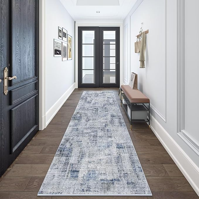 Eleisa Modern Abstract 2x8 Hallway Runner Rug, Blue & Grey, Non-Slip Washable Low Pile Rugs, Vintage Rug Hallway Indoor Carpet for Kitchen, Entryway and Laundry Room