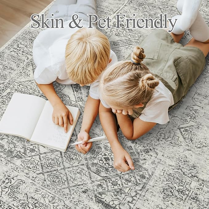 Washable Area Rug 8x10, Gray Soft Rug for Living Room Vintage 8x10 Area Rugs for Bedroom Dining Room Floral Non-Slip Thin Grey Rug