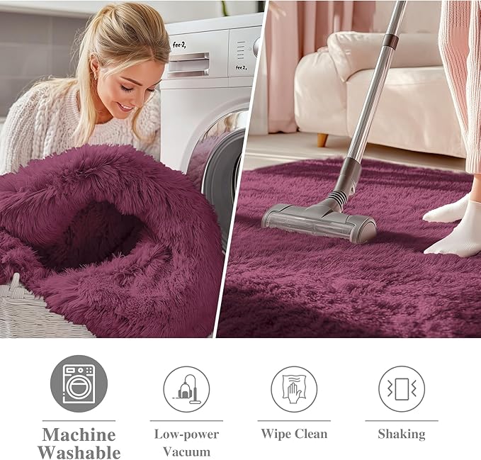 OLANLY Burgundy Round Rugs for Bedroom - Machine Washable, 7x7 Feet Circle Area Rugs for Living Room, Soft and Fluffy Shaggy Carpet for Teen Girls and Boys, Dorms, Nursery Rooms, Home Decor Aesthetic