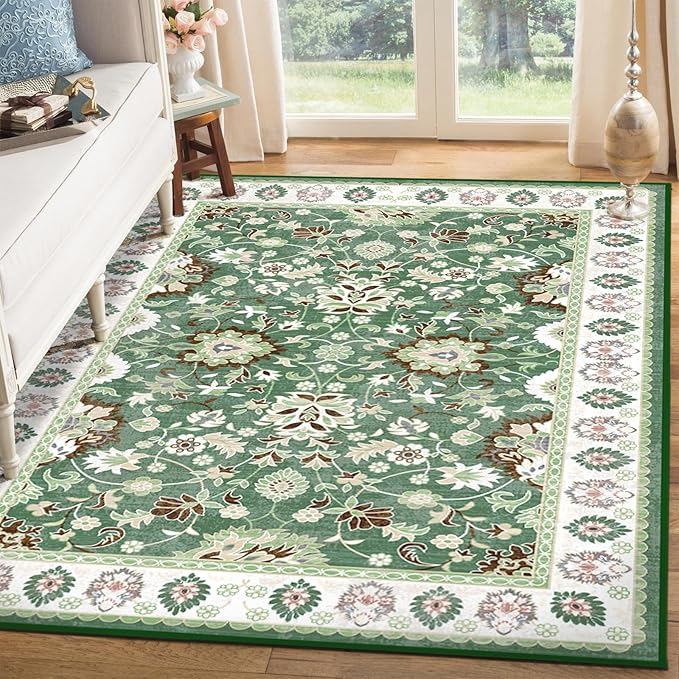 Washable Area Rugs 5'x7' Living Room, Non Slip Floral Vintage Low Pile Large Rugs for Living Room Stain Resistant for TribalBedroom, Farmhouse, Dining Room, Kids Playroom