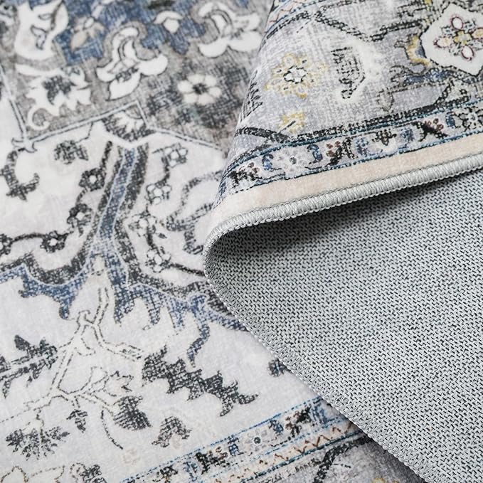Washable Area Rug Vintage - Living Room Farmhouse Oriental Rug 5x8 Distressed Non-Slip Stain Resistant Carpet for Bedroom Dining Room Home Office (5x8 Grey/Blue)