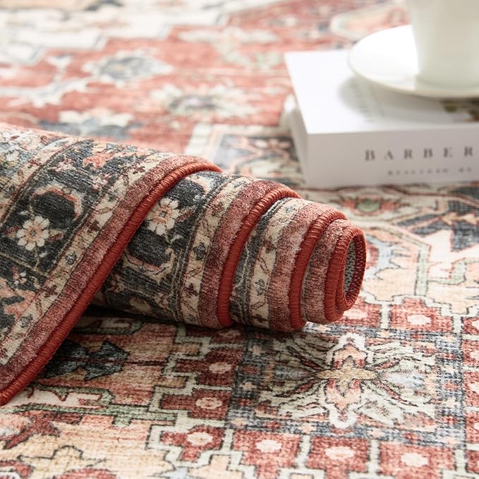 jinchan Area Rug 3x5 Washable Soft Thin Vintage Low Pile Non Slip Distressed Carpet Indoor Oriental Medallion Rug for Bedside Bathroom Bedroom Laundry Room Dining Room Terra Red Multi