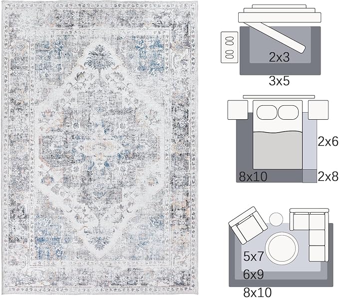 jinchan Runner Rug 2x8 Washable Kitchen Runner Rug Non Slip Grey Vintage Hallways Ultra-Thin Floral Print Floor Cover Accent Throw Carpet for Laundry Room Bedroom Living Room