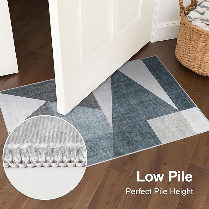 Washable Modern Area Rug: 2x3 Geometric Area Rugs for Entryway Small Mat for Kitchen with Non-Slip Backing Indoor Bedroom Door Mat for Bathroom Floor Blue Grey 2'x3'.