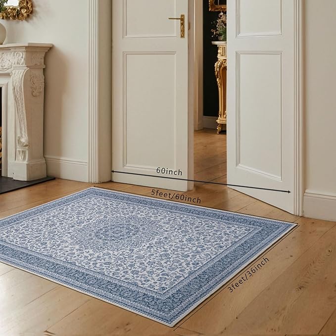 Floral Washable Area Rug 3x5, Spill-Proof Surface, Non-Slip Backing, Cozy Soft Faux Wool, Printed Rug for Entryway, Kitchen Rugs, Bedroom, Bathroom - Ieve
