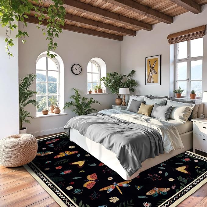 ASPMIZ Insect Area Rug 3X5, Black Bedroom Rug Non Slip, Spring Summer Washable Rug Farmhouse Butterfly Living Room Rugs Low Pile, Soft Faux Wool Throw Carpet for Entryway, Office, Nursery, Black