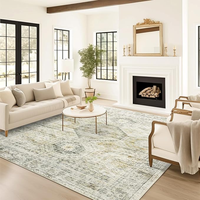 Washable Area Rug 8x10, Large Soft Rugs for Living Room Vintage 8x10 Area Rugs for Bedroom Dining Room Non-Slip Stain Resistant Under Table Grey Rug