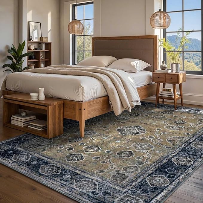 3x5 Washable Area Rugs for Living Room Stain-Resistant Bedroom Rug with Non-Shedding &Slip Faux Wool,Vintage Floral Aesthetic Carpet Foldable for Indoor Dining Room