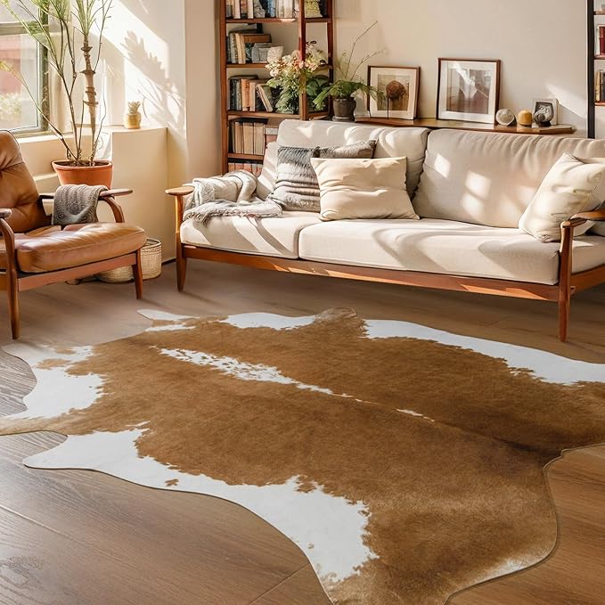 BENRON Premium Faux Cowhide Rug, Cow Print, Rustic Western Rugs for Living Room Bedroom, Irregular Animal Skin Hides, 4.6 x 5.2ft, Anti-Skid Cool Carpets for Cowboy Cowgirl Home Decor, Khaki Brown
