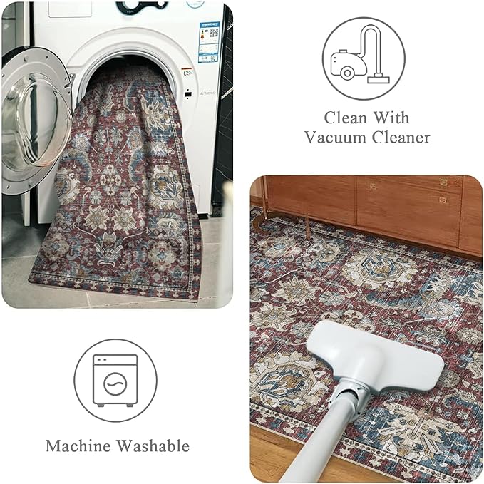 Washable Area Rugs - Perfect for Living Room, Bedroom, Kids Room, Nursery - Stain & Water Resistant Non-Slip, Pet & Child Friendly, Vintage Tribal Area Rugs (Rust and Blue, 3' x 5 ')