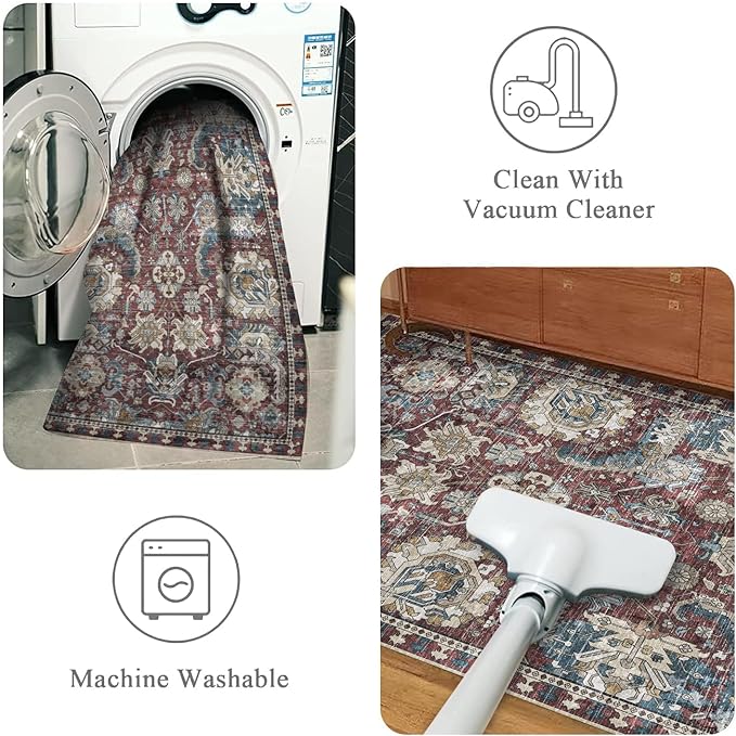 Washable Area Rugs - Perfect for Living Room, Bedroom, Kids Room, Nursery - Stain & Water Resistant Non-Slip, Pet & Child Friendly, Vintage Tribal Area Rugs (Rust and Blue, 5' x 7')