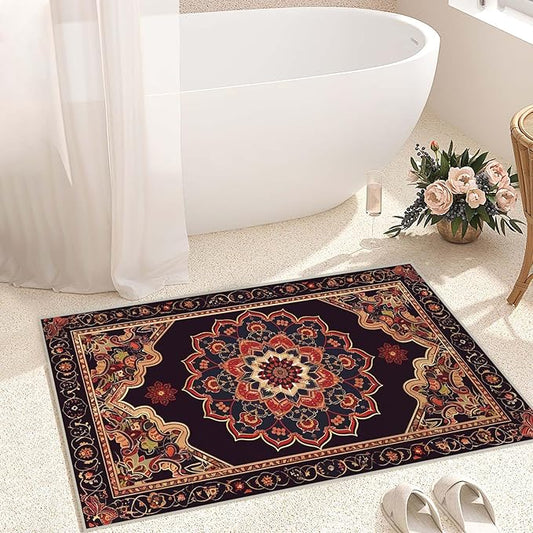 2x3 Entryway Rug Boho Black Red Vintage Oriental Area Rug Thin Small Carpet Bathroom Non Slip Indoor Entrance Low Pile Door Mat Kitchen Stain Resistant Washable Machine