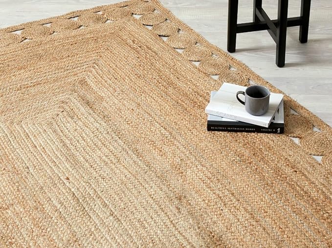 GRUHUM Jute Area Rug 8'x10'ft Scalloped Natural Fibre Handwoven Boho Farmhouse Vintage Soft Braided Rustic Vintage Large Rugs for Living Room Indoor Kitchen Bedroom Hallways Enterways 8x10ft