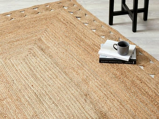 GRUHUM Jute Area Rug 8'x10'ft Scalloped Natural Fibre Handwoven Boho Farmhouse Vintage Soft Braided Rustic Vintage Large Rugs for Living Room Indoor Kitchen Bedroom Hallways Enterways 8x10ft