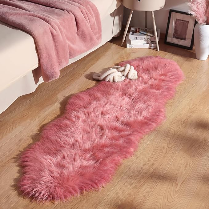 Ashler Faux Fur Rug, Fluffy Shaggy Area Rug Ultra Soft 2 x 6 Feet Sheepskin, Blush Pink Fuzzy Rug Machine Washable Shag Rug, Nursery Decor Throw Rugs for Bedroom, Kids Room, Living Room