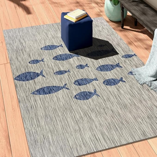 LR Home 8 x 10 Indoor / Outdoor Area Rug for Home Decor | Coastal School of Fish large size carpet for living room, bedroom, playroom, patio, garden | Modern farmhouse rug | Gray / Navy