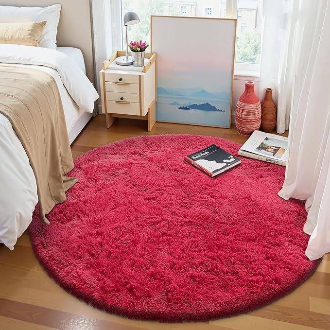 OLANLY Red Round Rugs for Bedroom - Machine Washable, 8x8 Feet Circle Area Rugs for Living Room, Soft and Fluffy Shaggy Carpet for Teen Girls and Boys, Dorms, Nursery Rooms, Home Decor Aesthetic