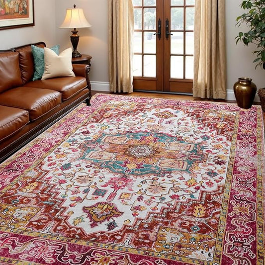 Washable Area Rugs 3x5, Low Pile Carpet, Non-Slip Vintage Distressed Rug for Bedroom, Living Room, Dining Room, Entryway, Magenta
