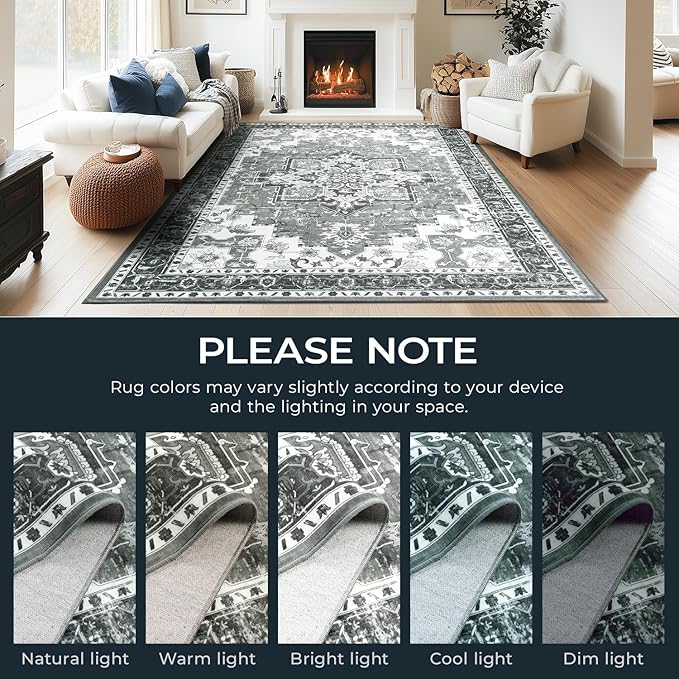 2x6 Runner Rug, Non-Slip Washable for Kitchen Hallway, Soft Low-Pile Area Rugs, Vintage Traditional Floral Aesthetic Carpet, Stain-Resistant Durable, Non Shedding Bedroom Bathroom Decor, Ash Grey