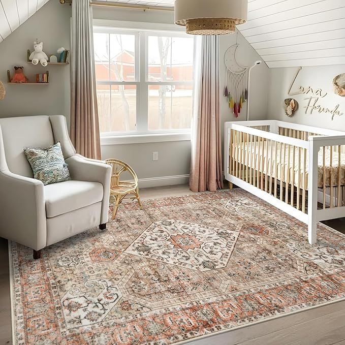 Washable 5x7 Living Room Rug: Oriental Non-Slip Area Rugs for Bedroom Non Shedding Accent Farmhouse Dining Room Carpet Soft Low Pile Mat for Nursery Room Home Office 5x7 Orange/Brown