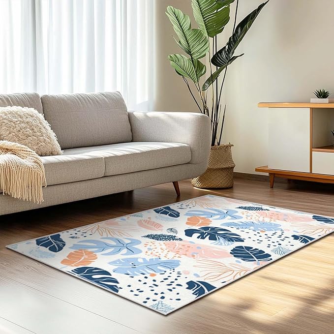 3x5 Entryway Rug Boho Botanical Tropical Leaf White Area Rug Bedroom Bedside Ultra-Thin Soft Small Carpet Bathroom Non Slip Indoor Entrance Low Pile Door Mat Kitchen Stain Resistant Washable Machine