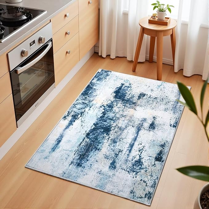 Washable Abstract Rug, 2x3 Small Modern Area Rugs with Non-Slip Rubber Backed for Kitchen, Thin but Soft Throw Carpet Bedroom Entryway Front Door Decor, Blue White
