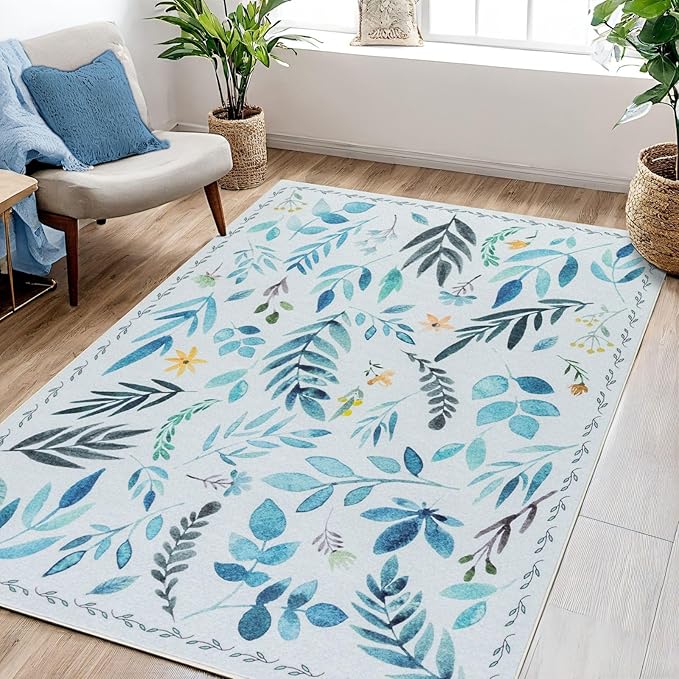 Syalife 3x5 Area Rugs, Non Slip Washable Low Pile Rugs for Living Room, Kitchen, Hallway, Bedroom Bedside, Kids Room, College Dorm (Blue Leafy, 3'x5')