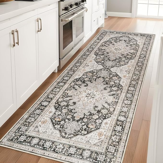 3x8 Runner Rug Kitchen, Hallway Non Slip Washable Oriental Runners Soft Indoor Neutral Carpet for Entry Bedroom Low Pile Stain Resistant Hall Rugs Long Thin Front Door Mat Waterproof - 3x8 Grey