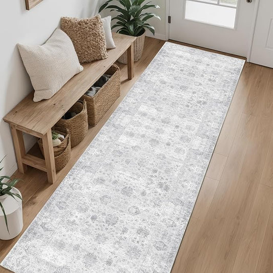 Hallway Runner Rug 2x8 Washable Area Rugs, Vintage Floral Rug Soft Non Slip Stain Resistant Boho Floor Carpet Runners for Hallways Entryway Laundry Room Kitchen Bathroom, and Bedroom Grey