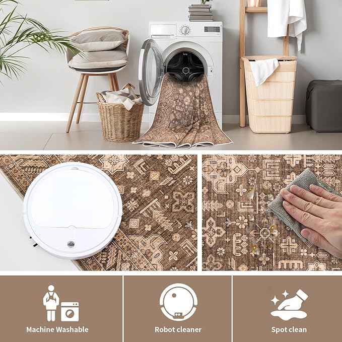 Vintage Washable Area Rug for Living Room,Low Pile 6x9 Non Slip Carpet Non-Shedding Area Rug Soft Indoor Stain Resistant Rug Floral Print Mat for Bedroom Dining Room Brown