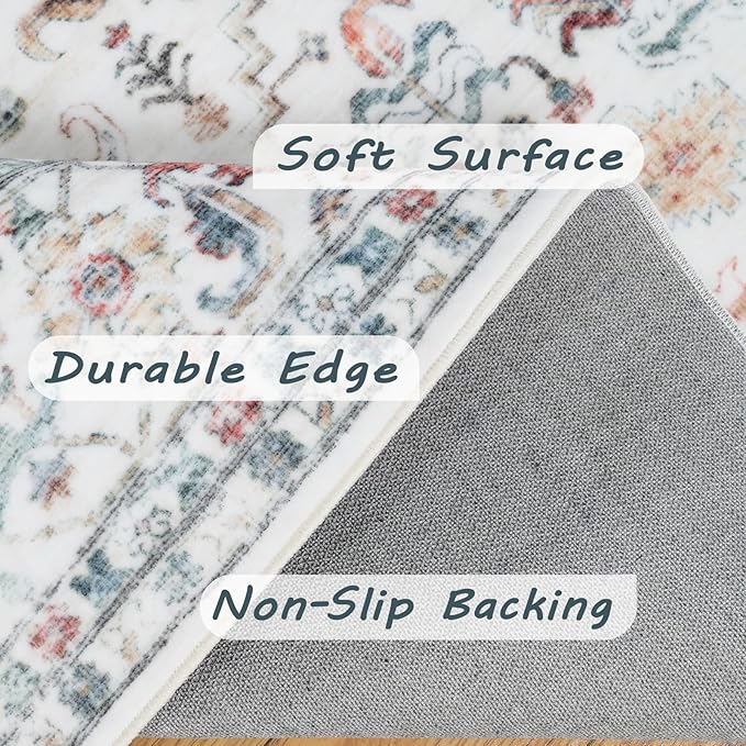 Area Rug 8x10 Washable Rug Cream Indoor Foldable Thin Retro Accent Area Rug Floral Non Slip Carpet Living Room Dining Room Office (Cream Base 8x10